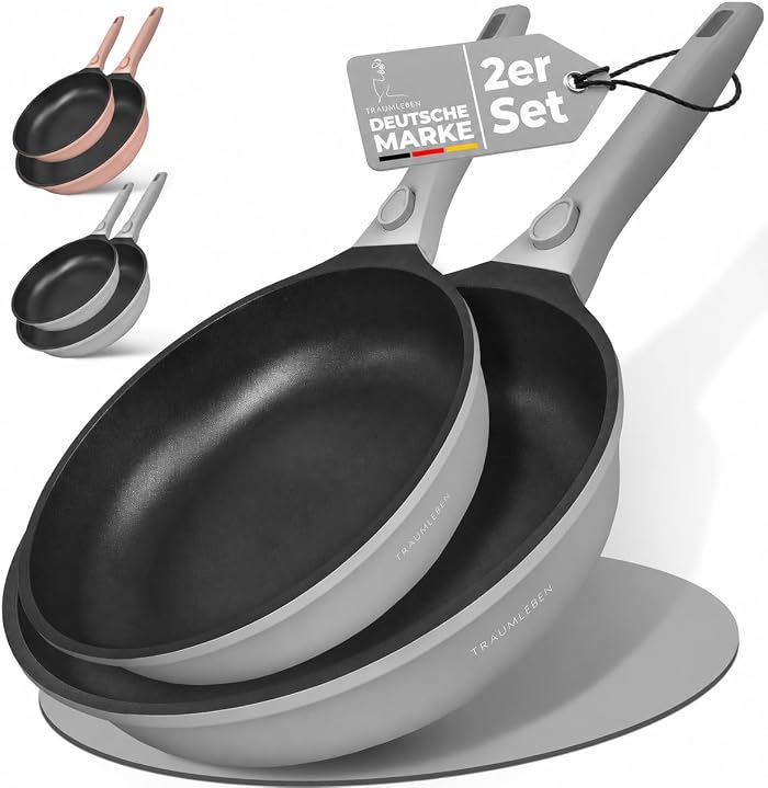 TRAUMLEBEN Bratpfanne SET 24 & 28 cm, Antihaft, abnehmbarer Griff (Grau)